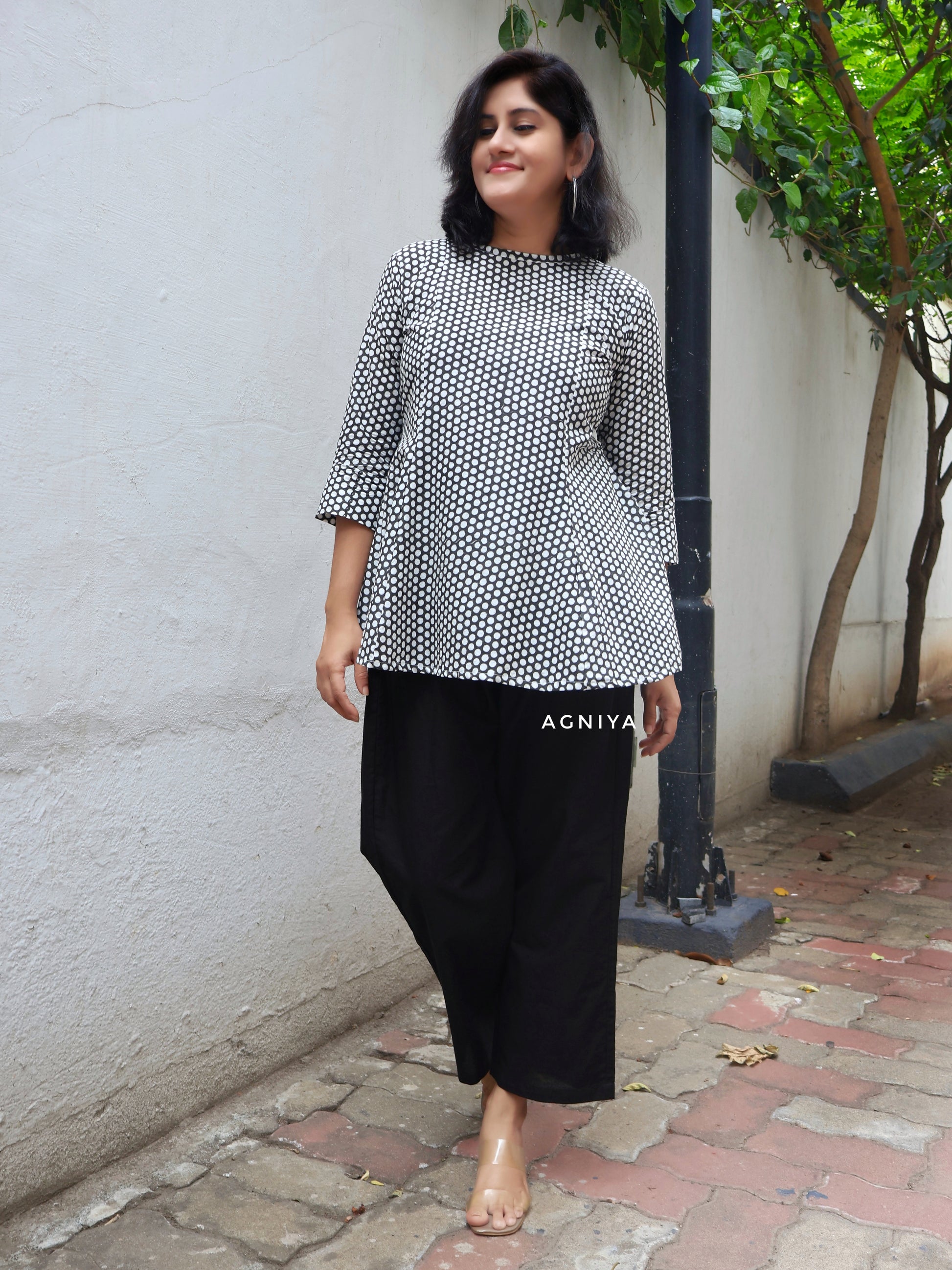 Black Polka Hand Block Short Top