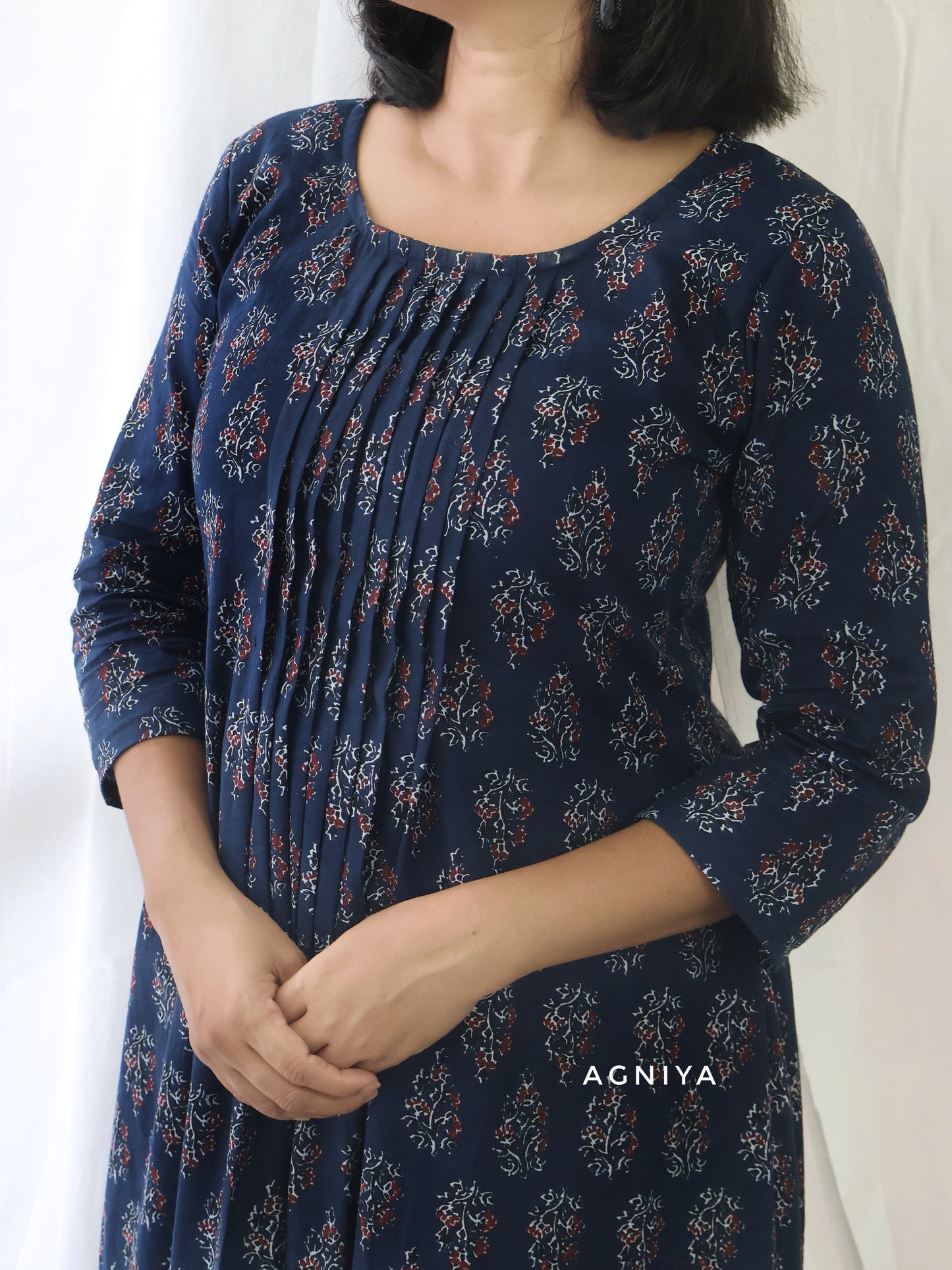 Berry Blue Cotton Pintuck Aline Long Kurta