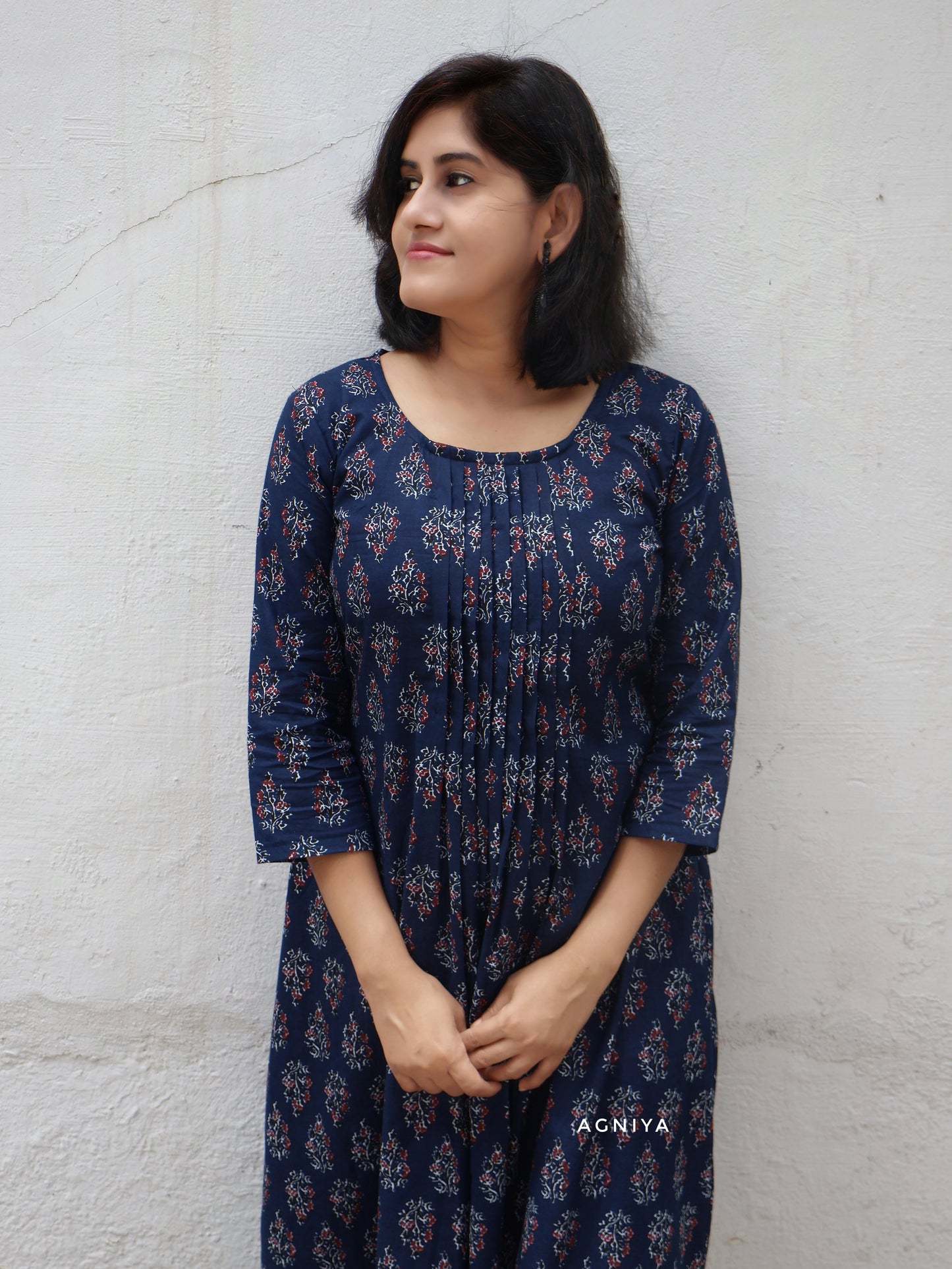Berry Blue Cotton Pintuck Aline Long Kurta