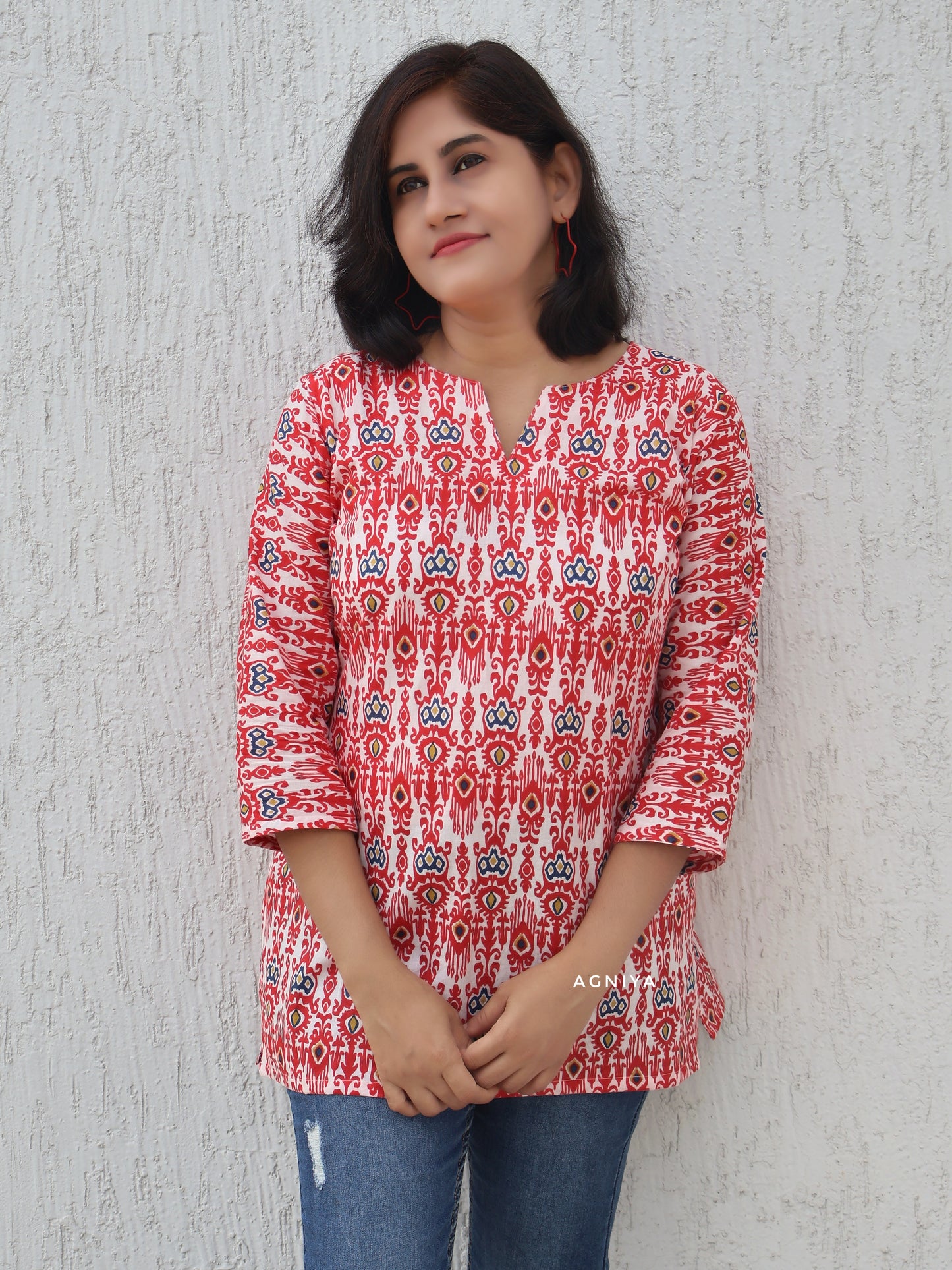 Red White Ikat Print Cotton Short TOP