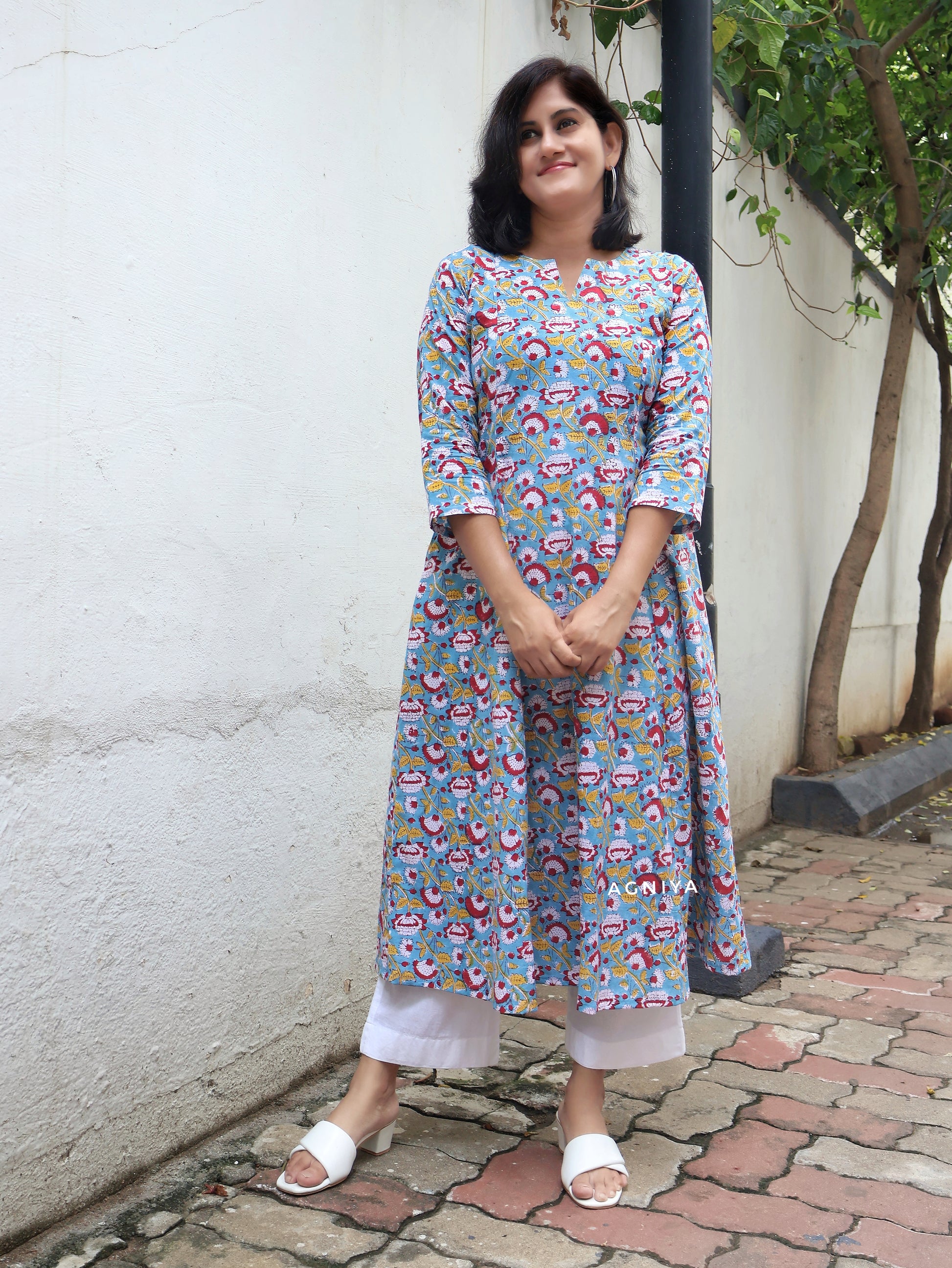 Blue Lotus Sanganeri HandBlock Paneled Cotton Kurta