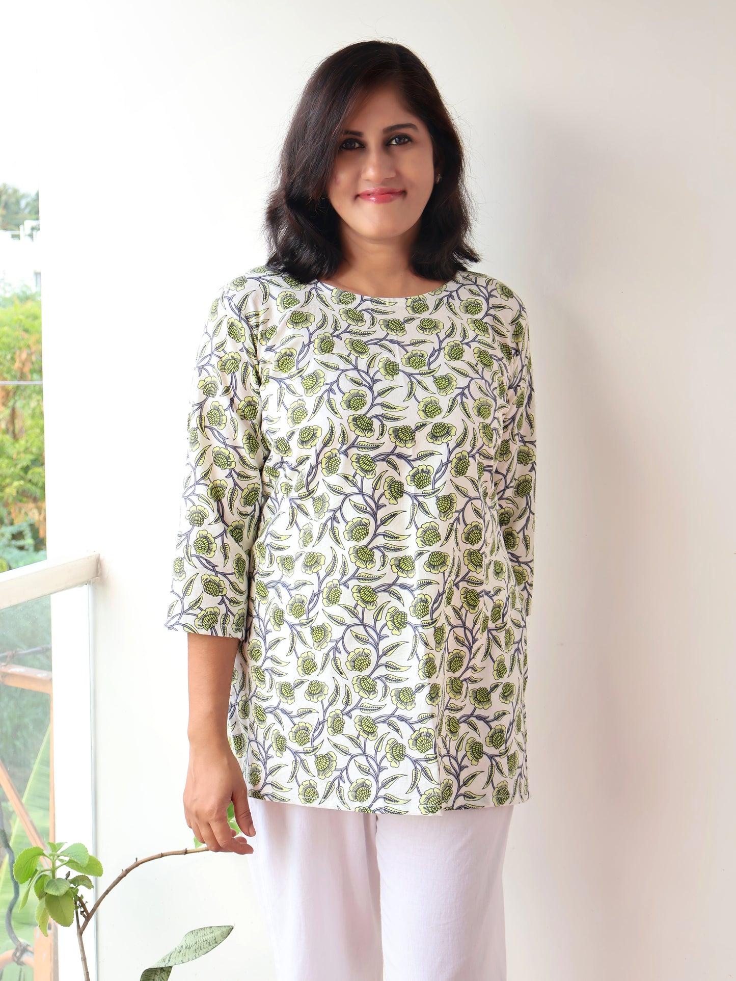 Leaf Green Floral Cotton Short Top
