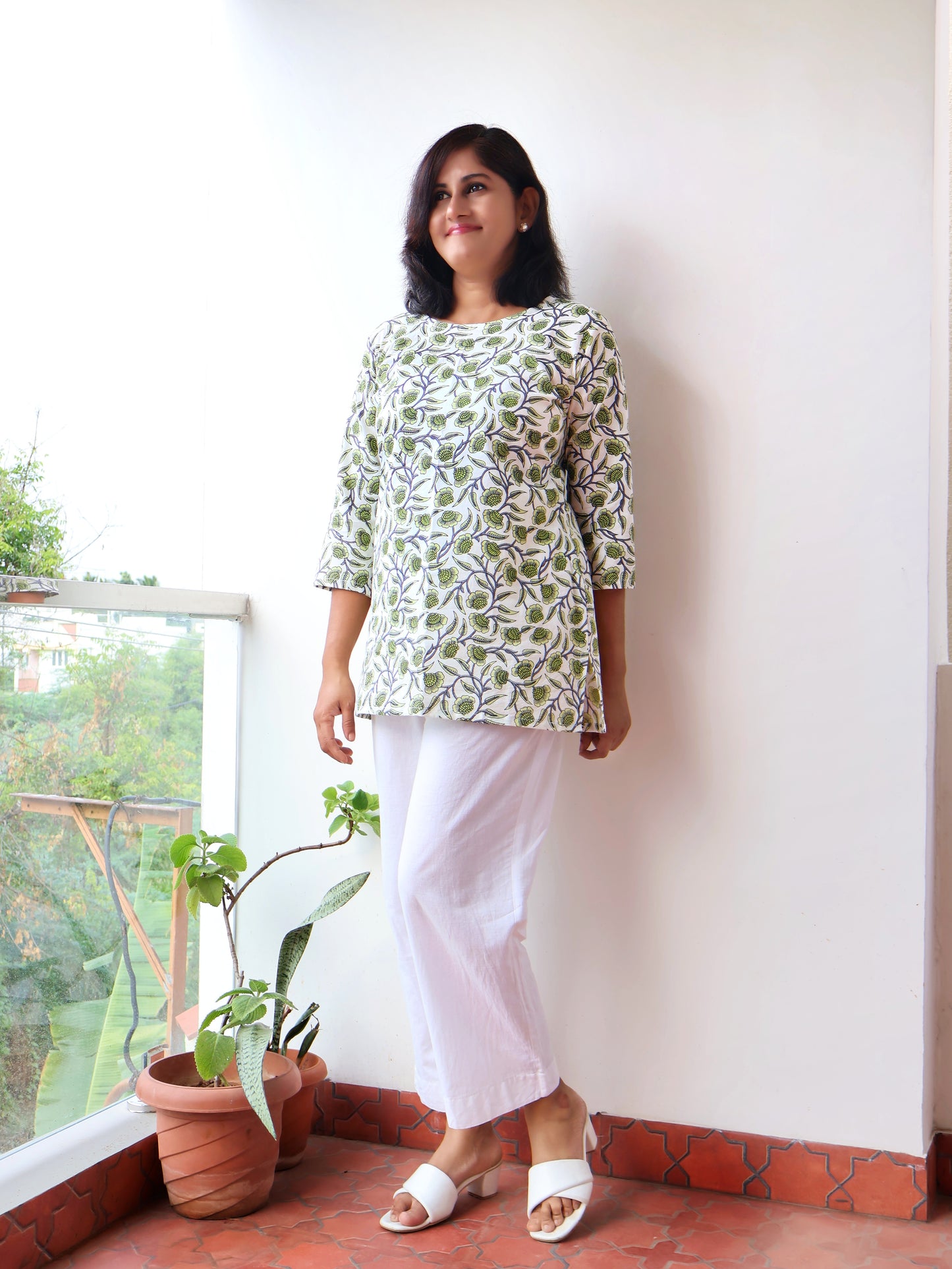 Leaf Green Floral Cotton Short Top