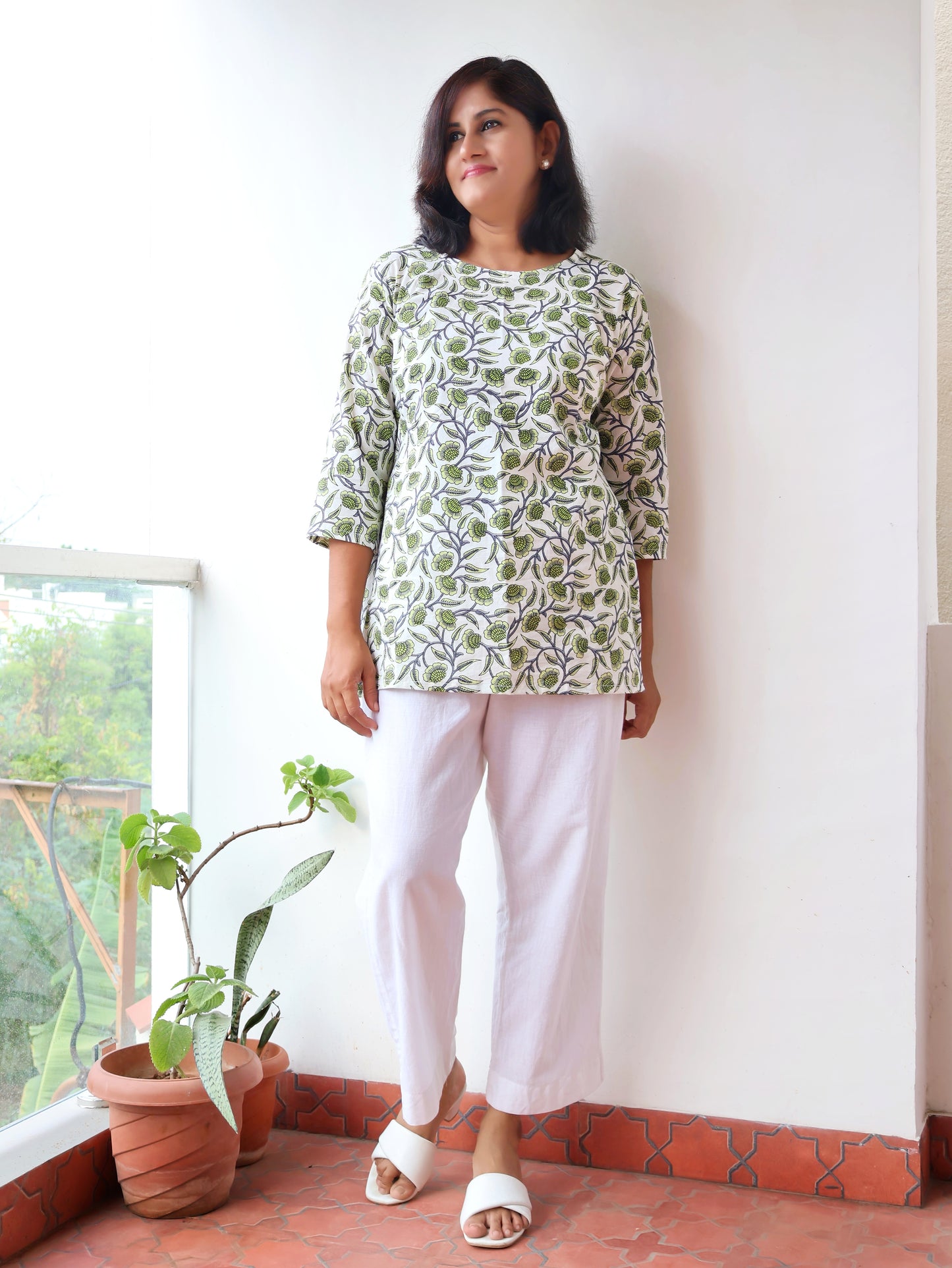 Leaf Green Floral Cotton Short Top