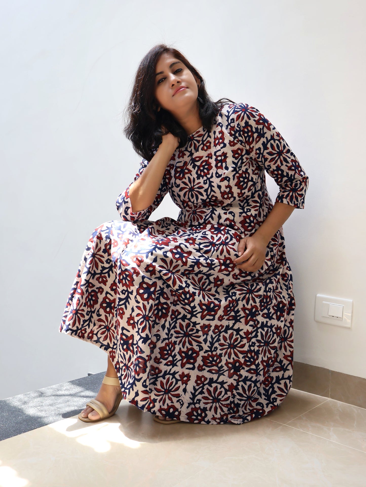 Charm Red Blue Batik Hand Block Paneled Long Kurta