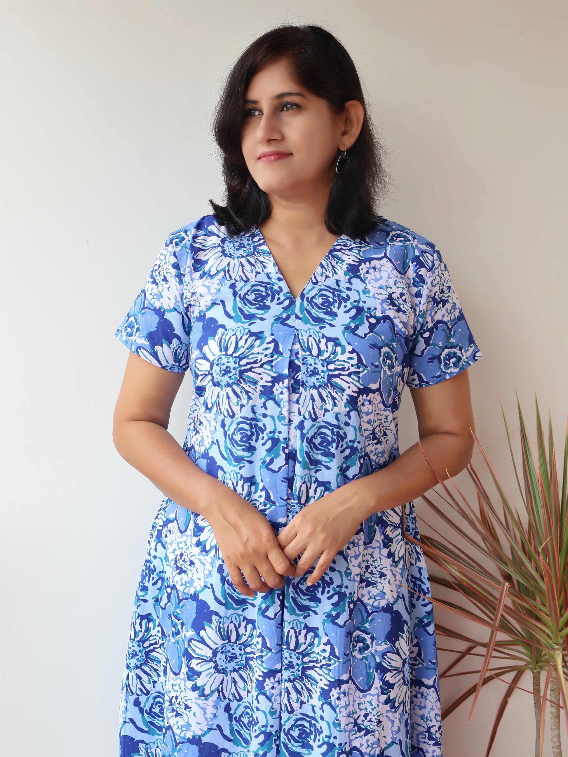 Blue Bloom Block Printed Cotton Aline Kurta