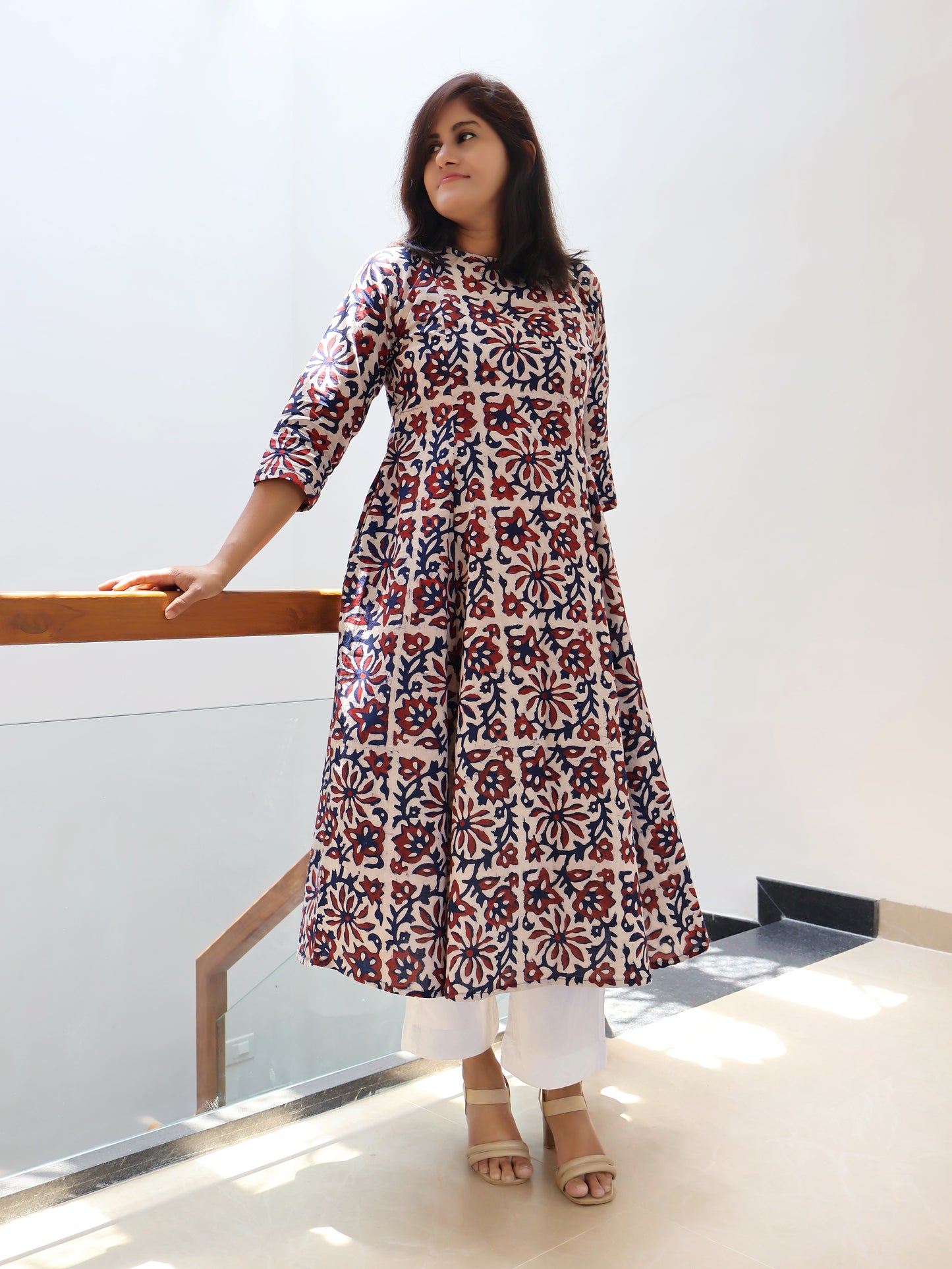 Charm Red Blue Batik Hand Block Paneled Long Kurta