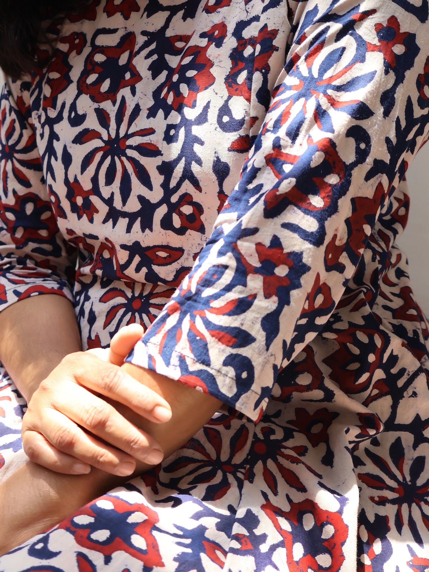 Charm Red Blue Batik Hand Block Paneled Long Kurta