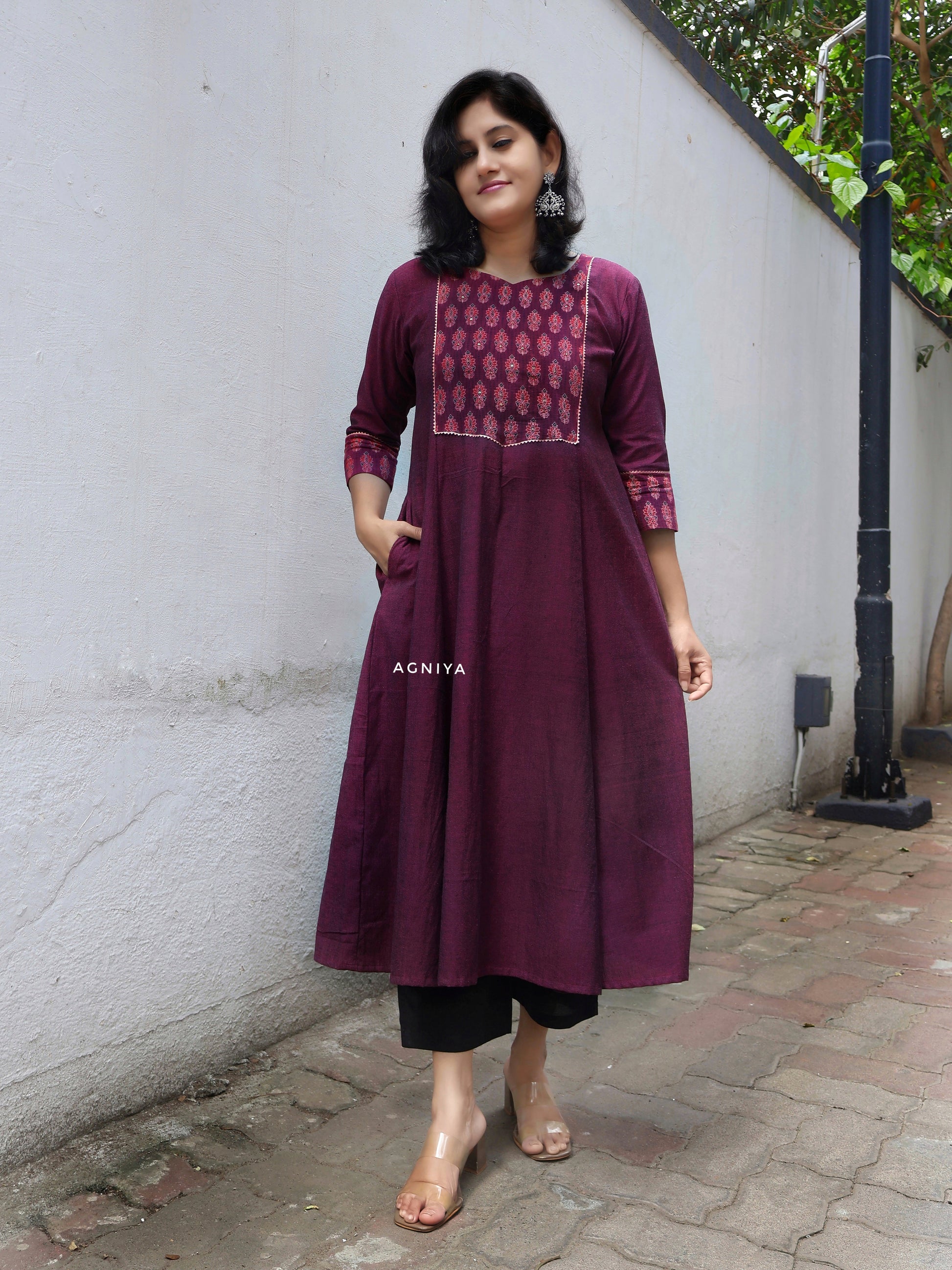 Burgundy Handwoven Ethnic Cotton Kurta with Ajrakh Yoke (Few Sizes Left)