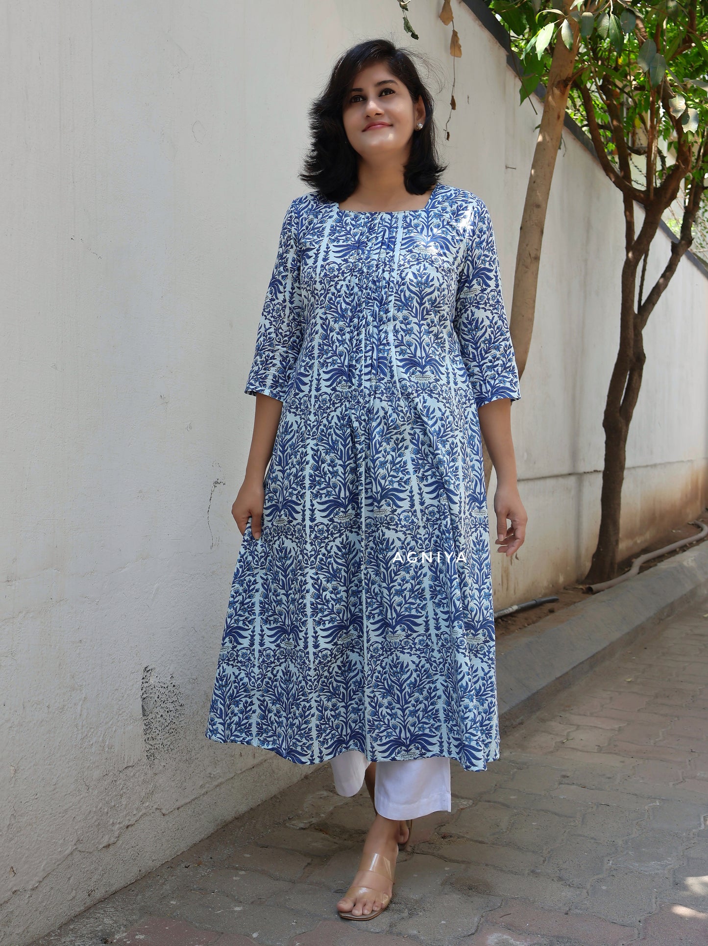 Admiral Blue Cotton Pintuck Long Kurta