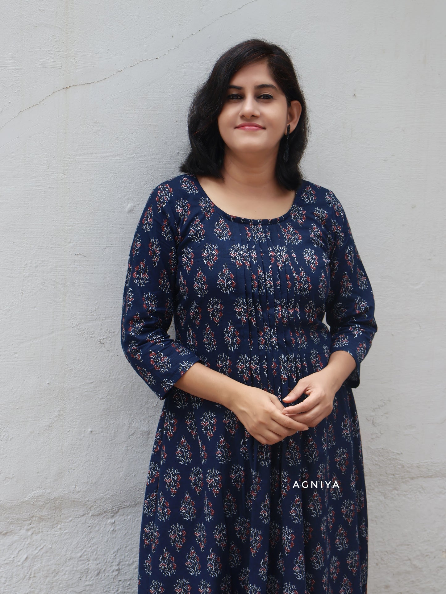 Berry Blue Cotton Pintuck Aline Long Kurta