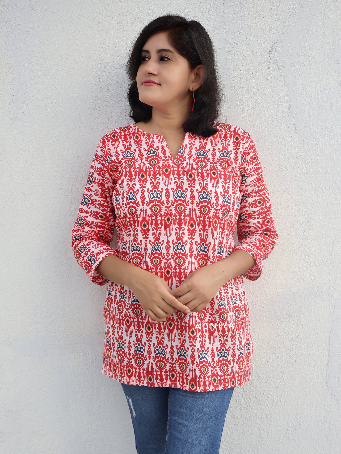 Red White Ikat Print Cotton Short TOP