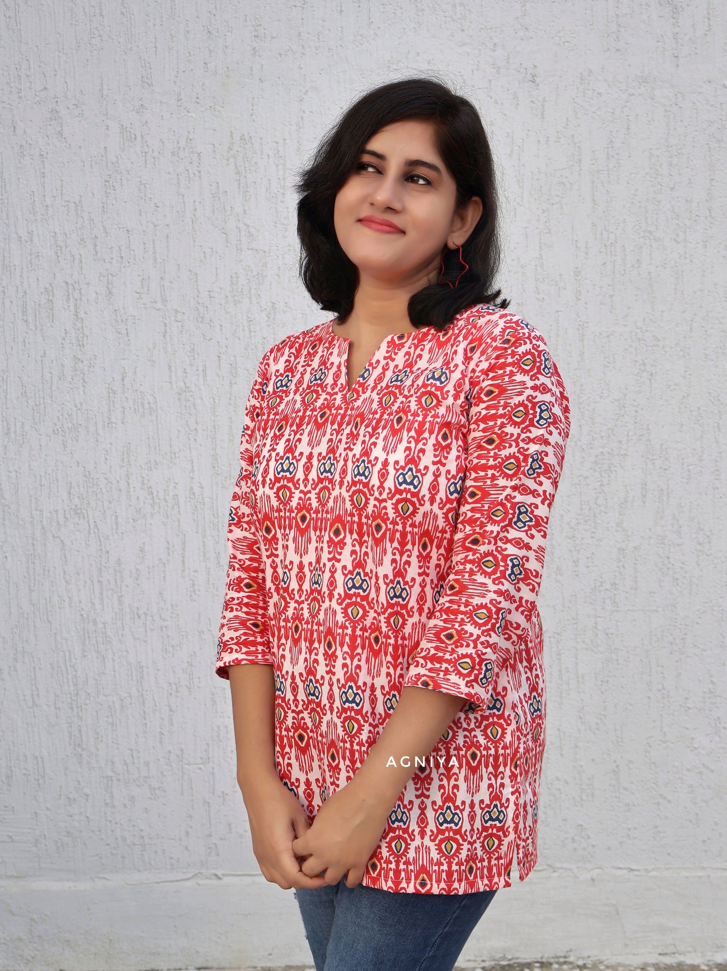 Red White Ikat Print Cotton Short TOP
