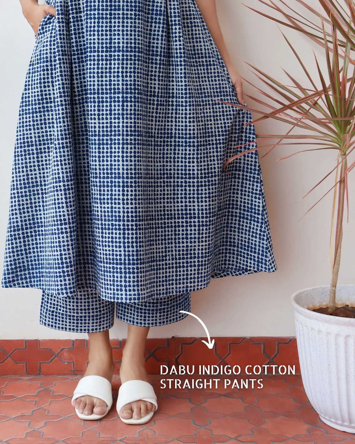 Indigo Blue Dots Hand Block Cotton Straight Pants - Best Pair with Kurtis