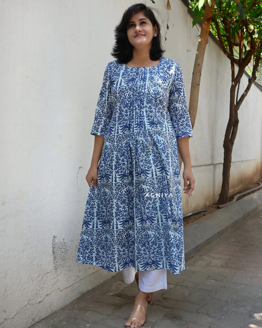 Admiral Blue Cotton Pintuck Long Kurta