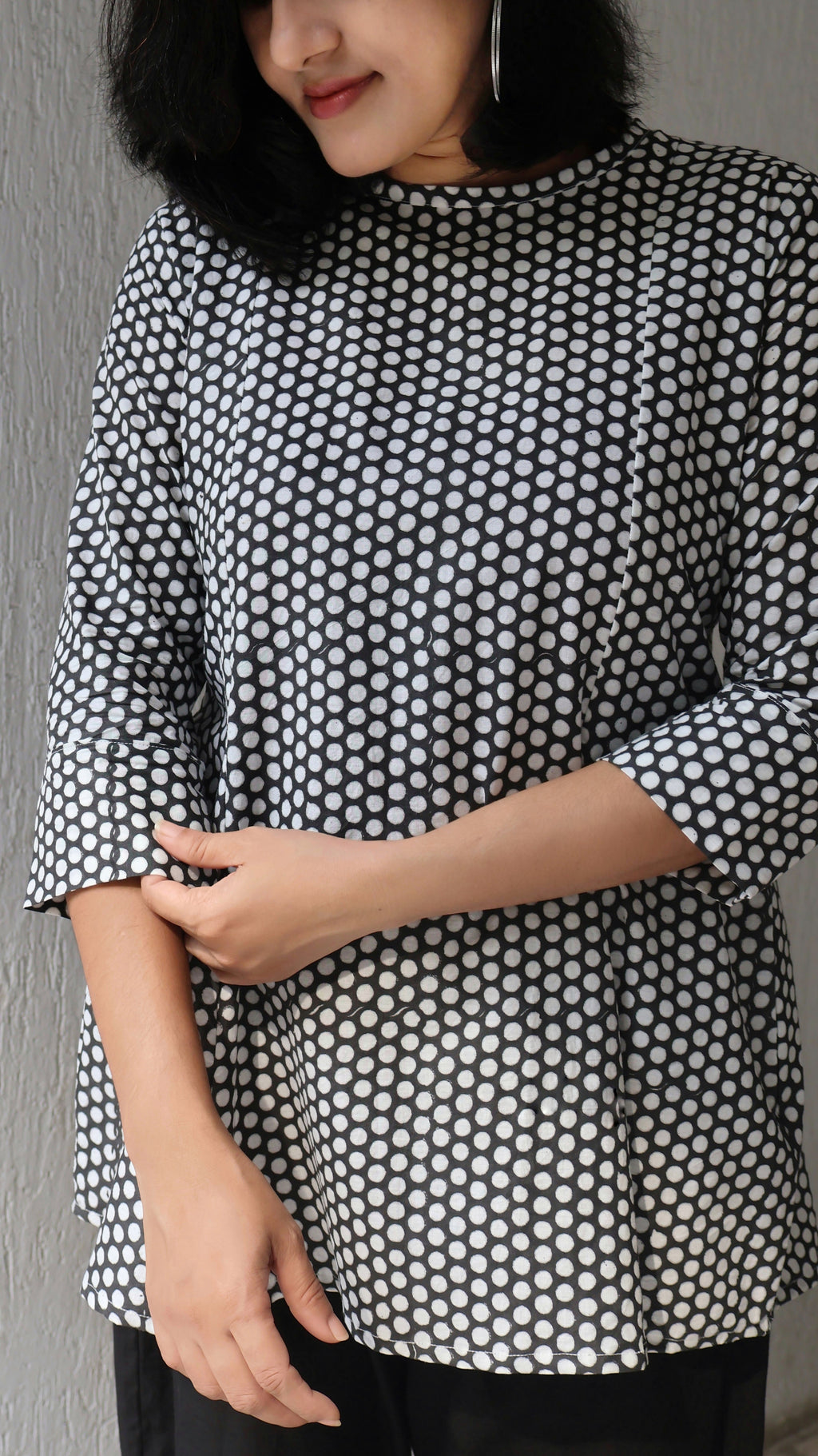 Black Polka Hand Block Short Top