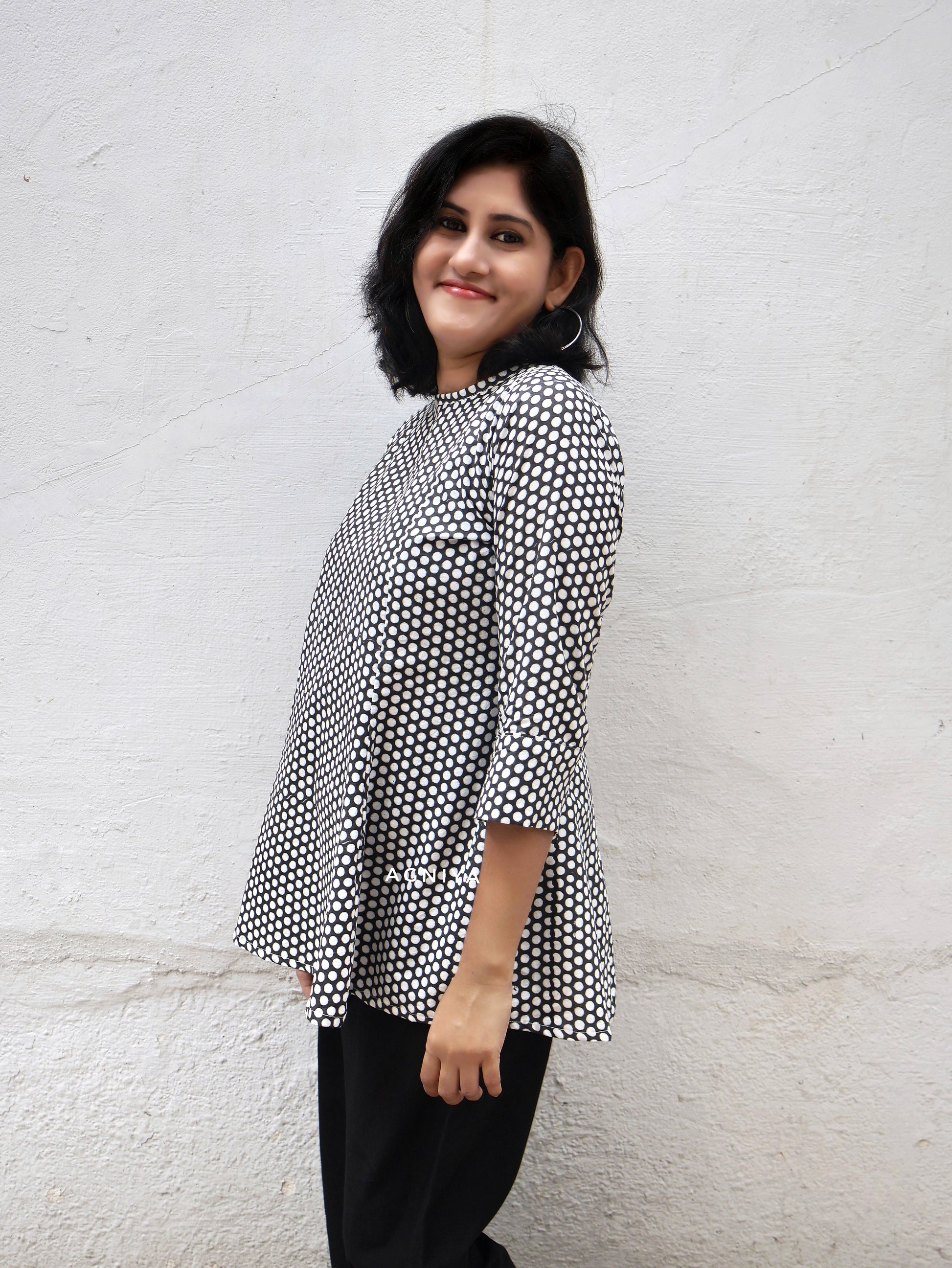 Black Polka Hand Block Short Top