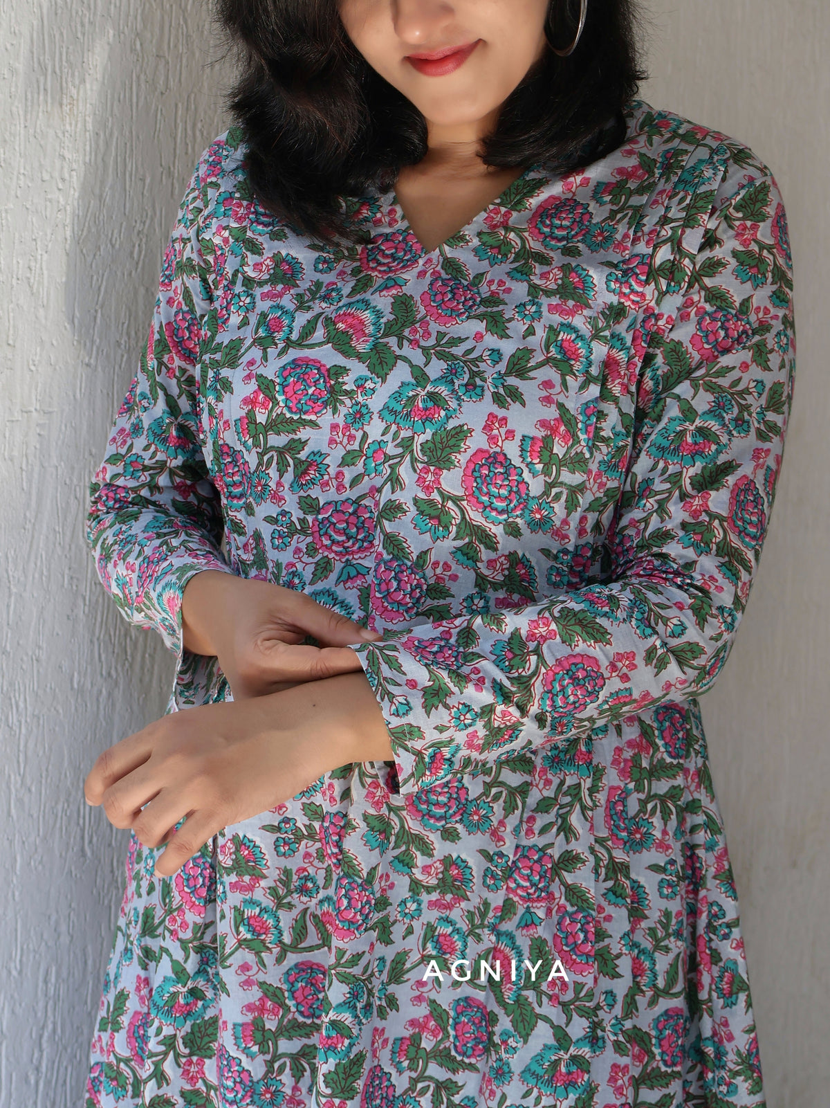 Pastel Blue Pintuck Cotton Aline Kurta with full sleeves