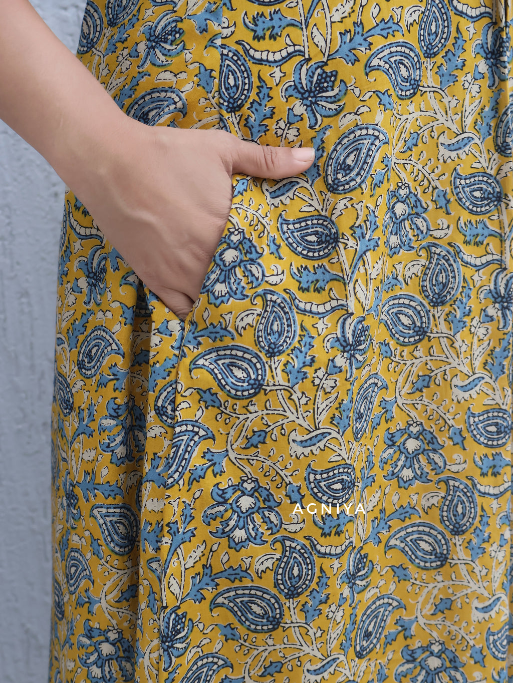 Yellow Blue Paisley Pintuck Cotton Kurta (Last Few Sizes Left)