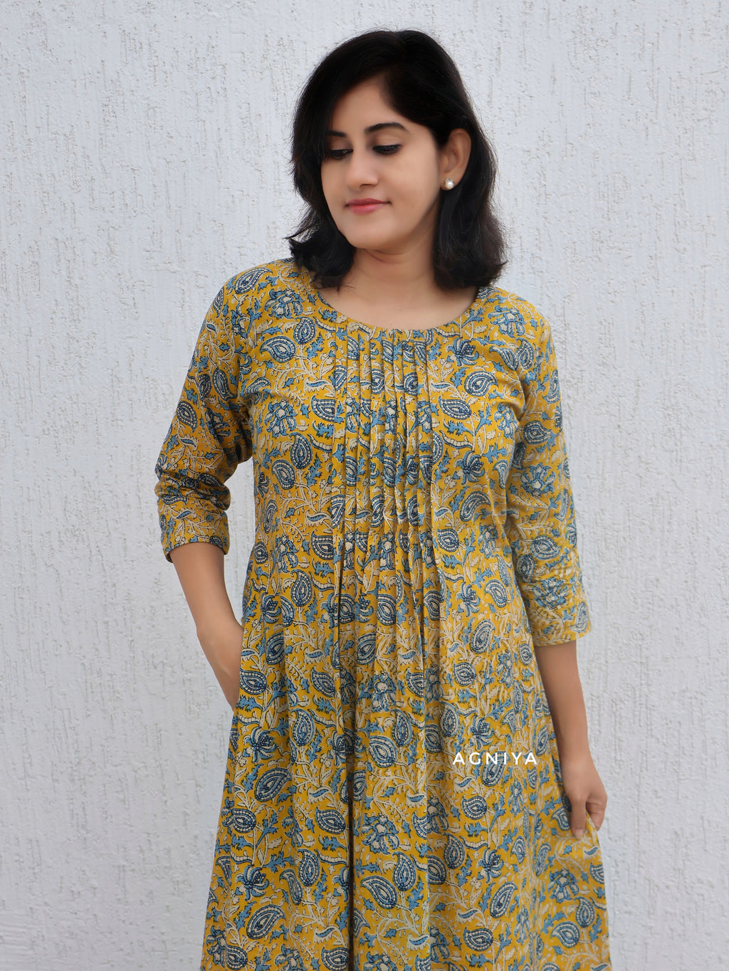 Yellow Blue Paisley Pintuck Cotton Kurta (Last Few Sizes Left)