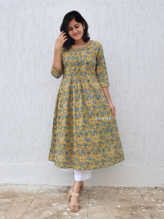 Yellow Blue Paisley Pintuck Kurta