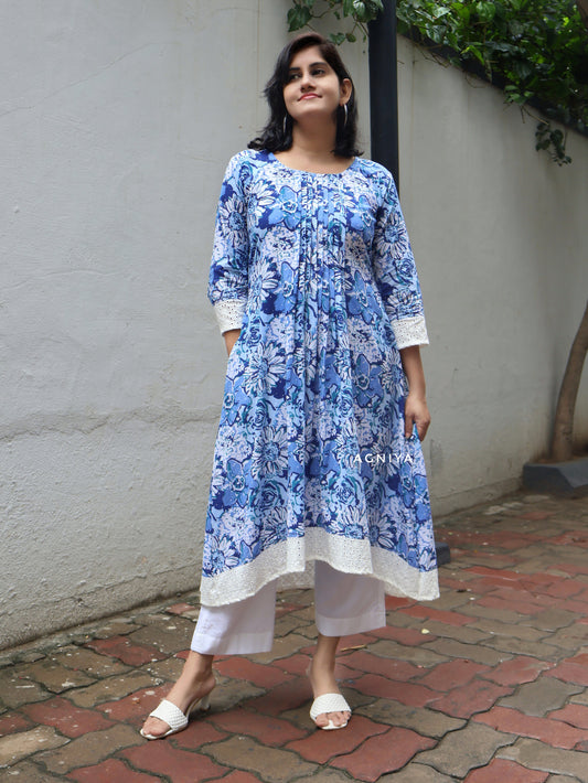 Blue Floral Hand Block Asymmetrical Long Kurta