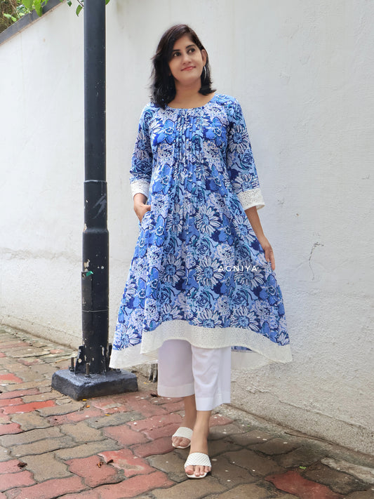 Blue Floral Hand Block Asymmetrical Long Kurta