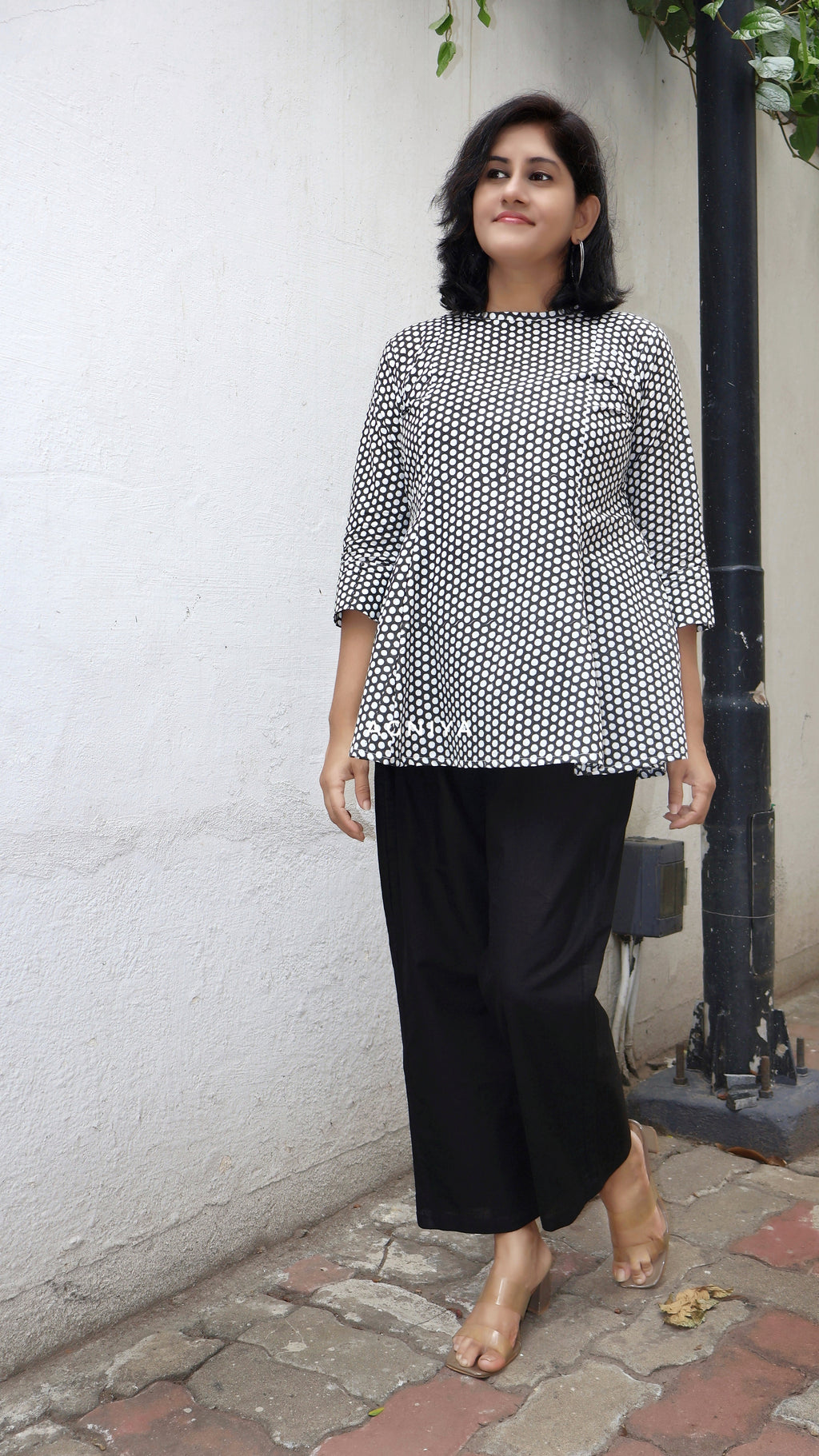Black Polka Hand Block Short Top