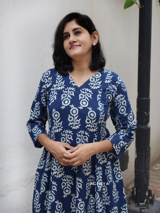 Indigo Dabu Natural Dyed Hand Block Print Long Kurta