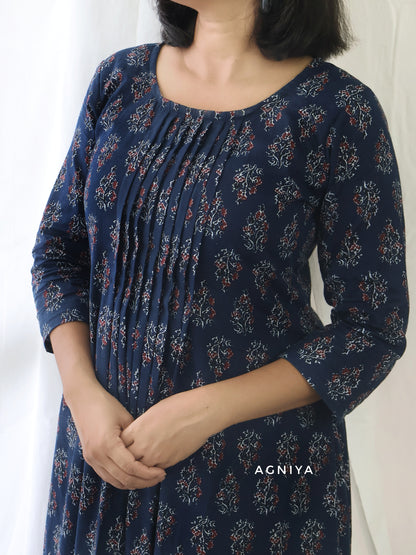 Berry Blue Cotton Pintuck Aline Long Kurta