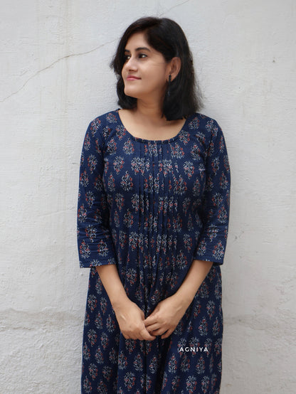 Berry Blue Cotton Pintuck Aline Long Kurta