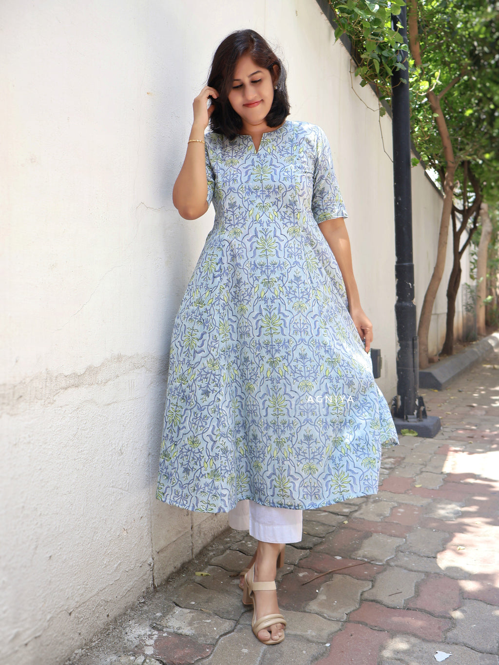 Powder Blue Sanganeri Hand Block Printed Paneled Long Kurta