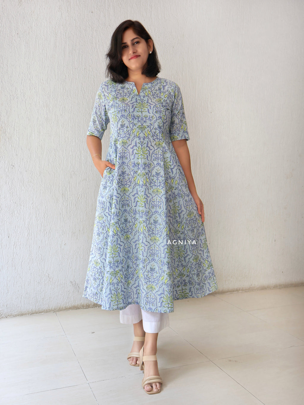 Powder Blue Sanganeri Hand Block Printed Paneled Long Kurta