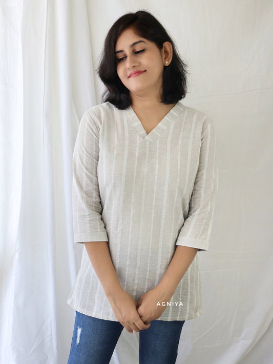 Beige Stripes Cotton Short Top