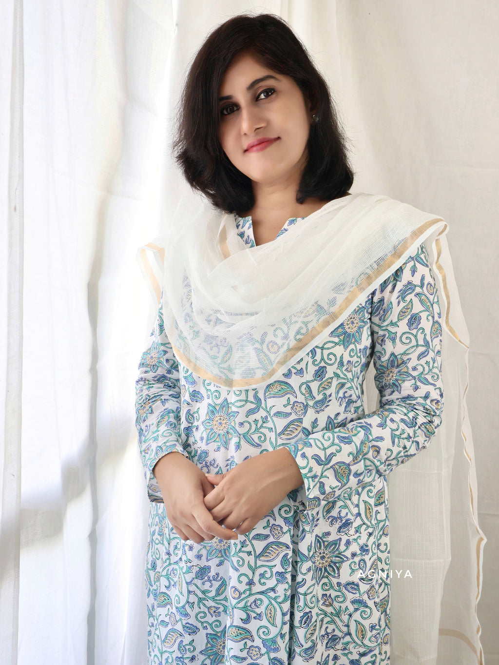 White Blue Sanganeri Hand Block Paneled Cotton Kurta