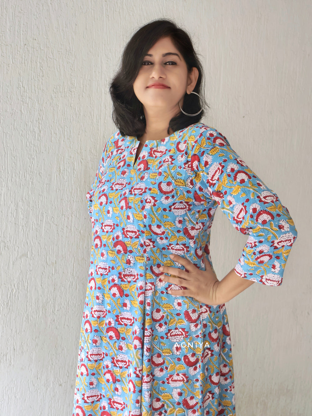 Blue Lotus Sanganeri HandBlock Paneled  Cotton Kurta