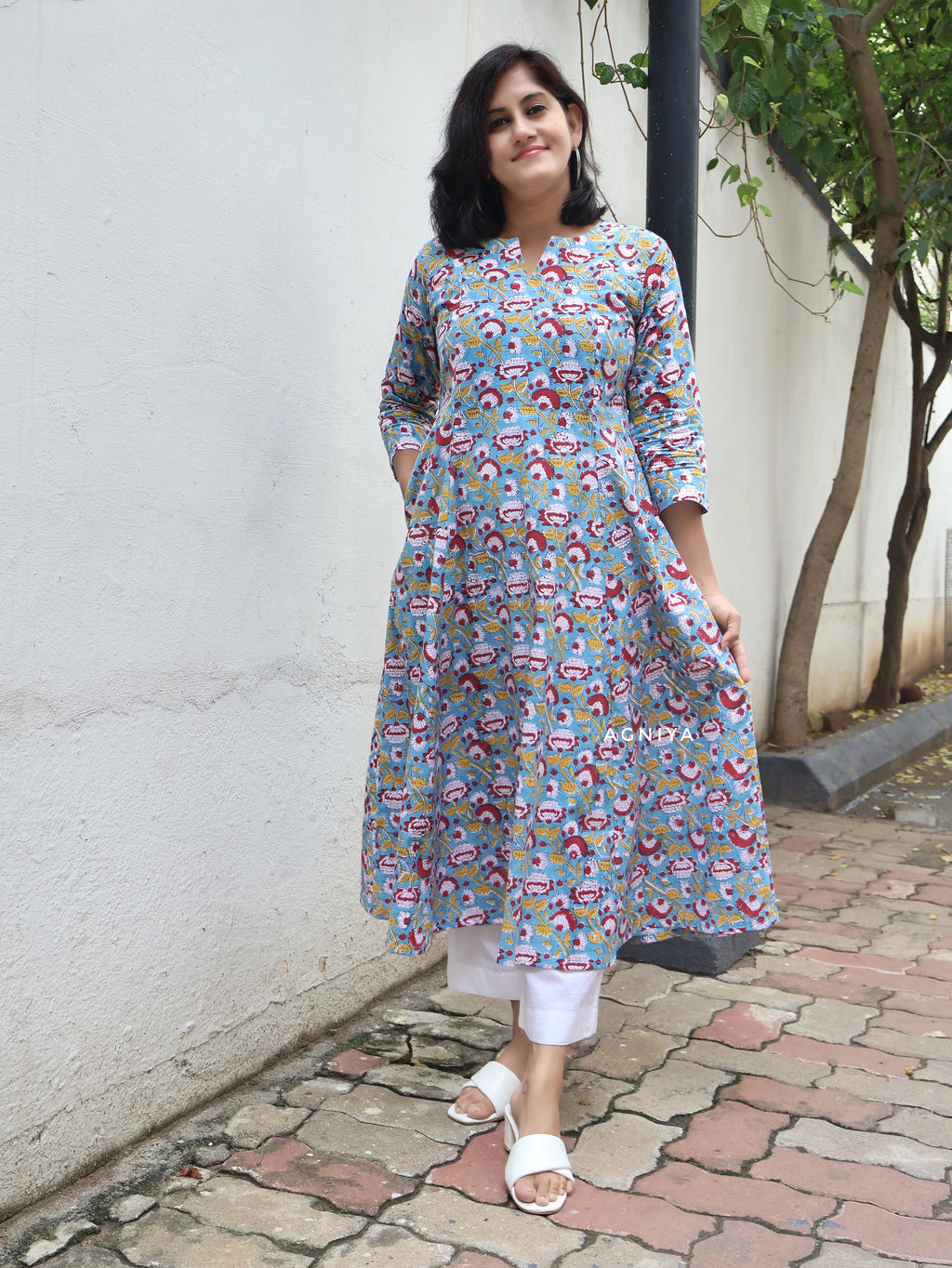 Blue Lotus Sanganeri HandBlock Paneled  Cotton Kurta
