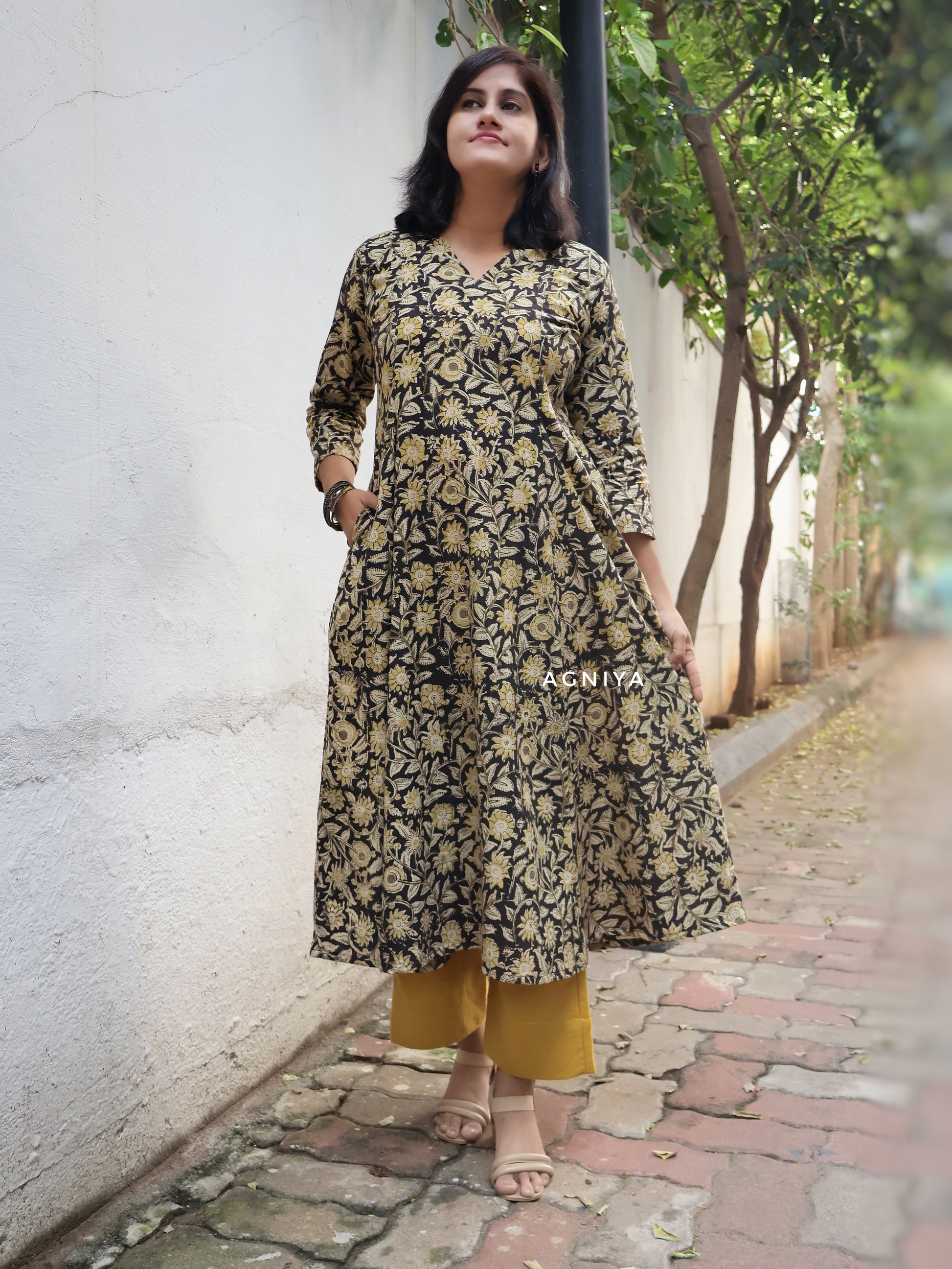 Black Mustard Kalamkari Cotton Hand Block  Paneled Kurta