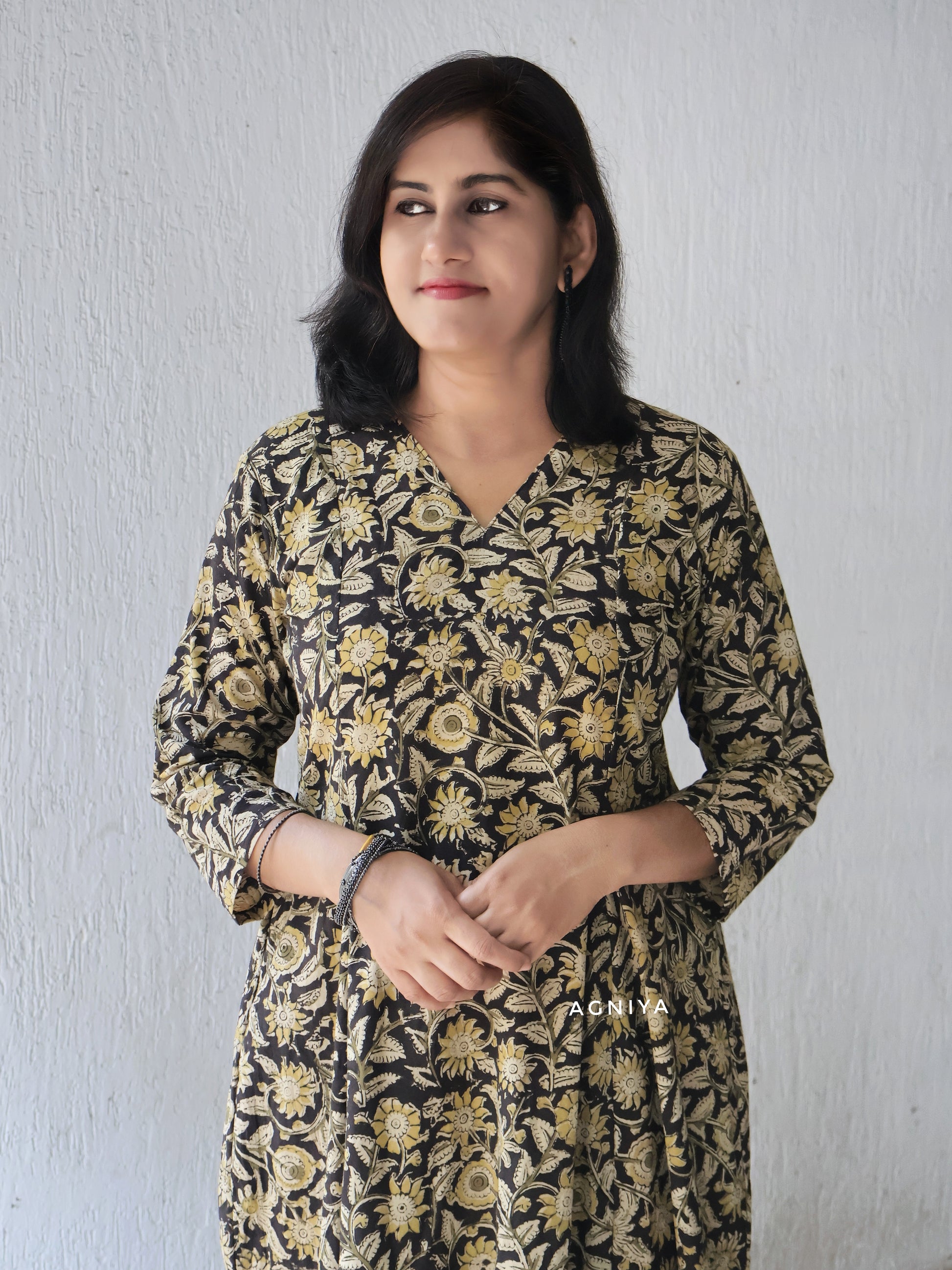 Black Mustard Kalamkari Cotton Hand Block  Paneled Kurta