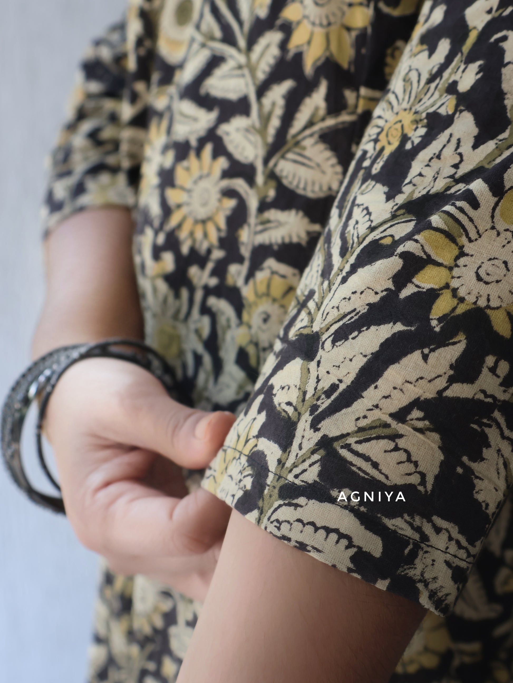 Black Mustard Kalamkari Cotton Hand Block  Paneled Kurta