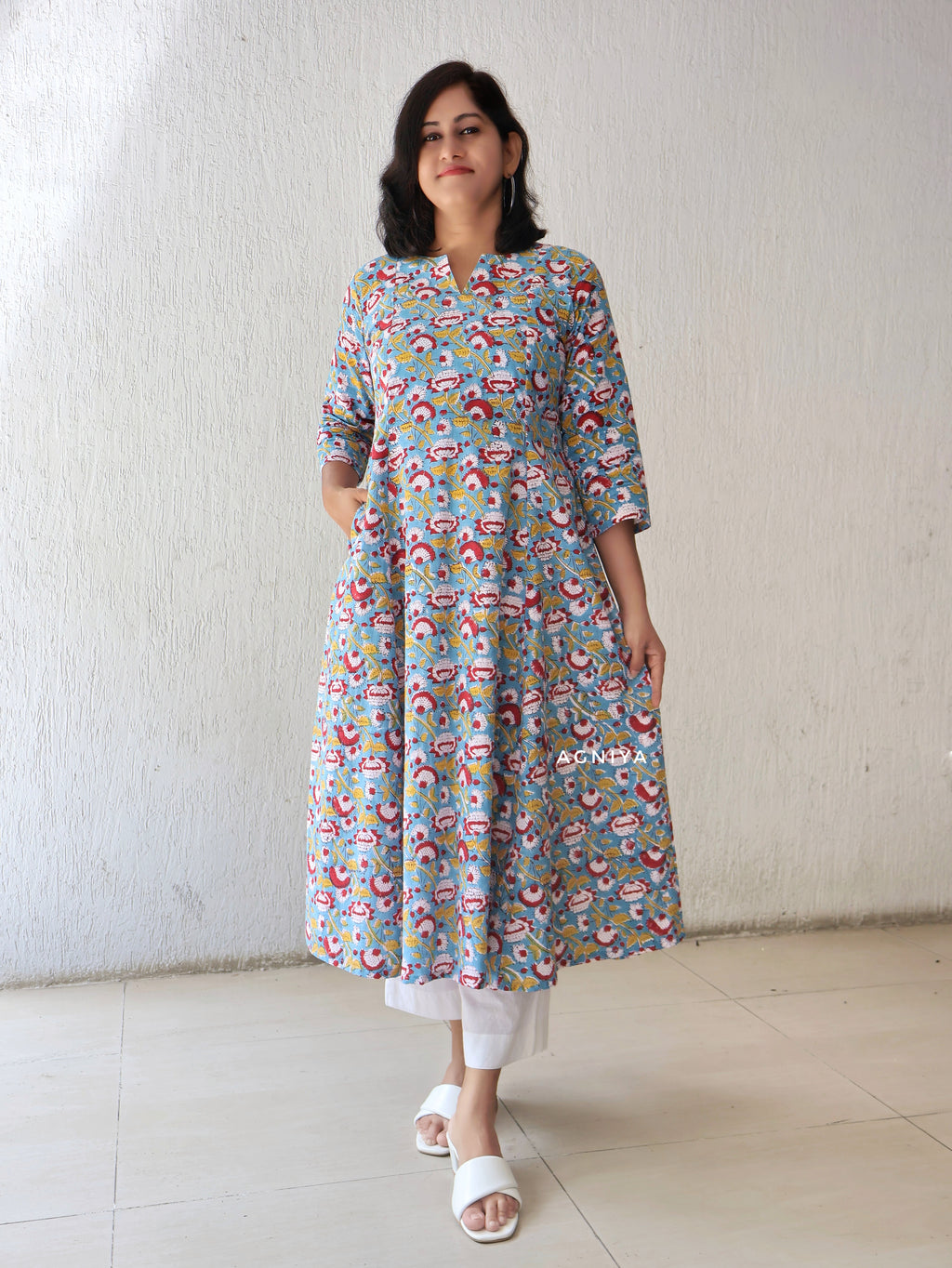Blue Lotus Sanganeri HandBlock Paneled  Cotton Kurta