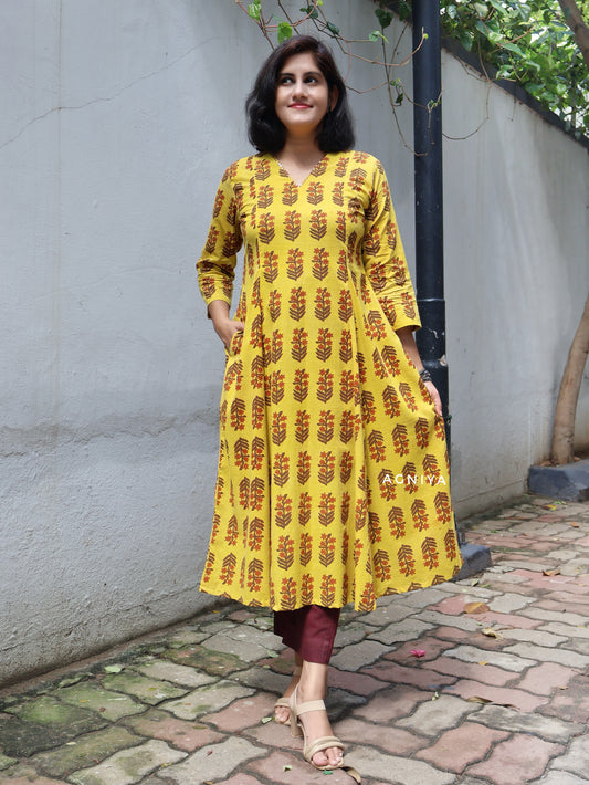 Yellow Ajrakh Cotton Hand Block Paneled Long Kurta