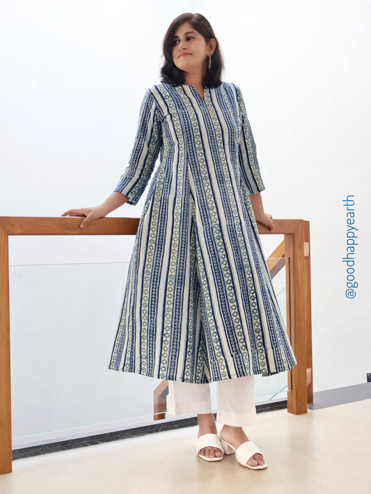 Indigo Blue Earth Paneled Hand Block Long Kurta