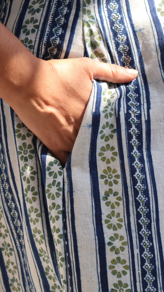 Indigo Blue Earth Paneled Hand Block Long Kurta