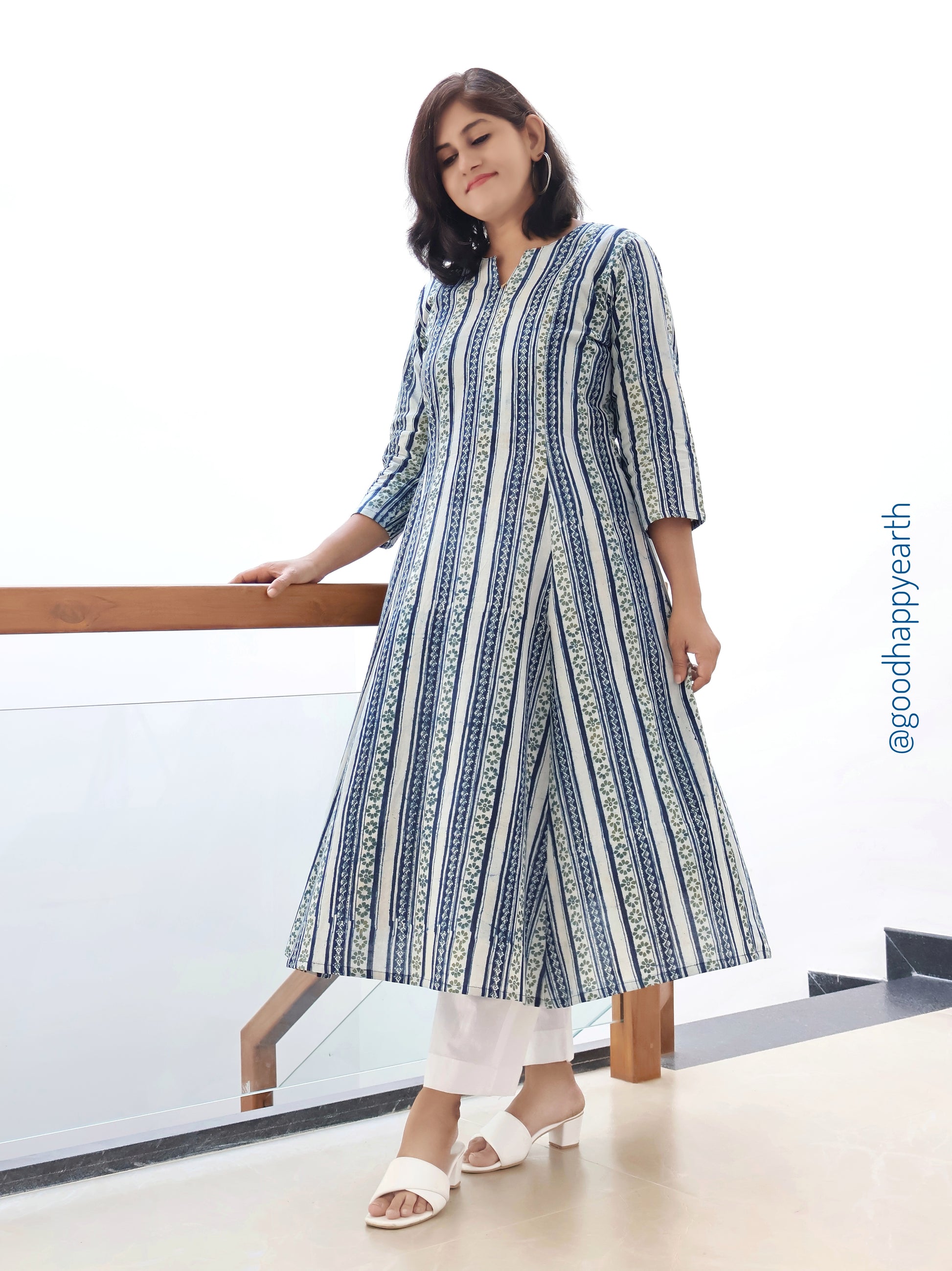 Indigo Blue Earth Dabu Cotton Paneled  Hand Block Kurta