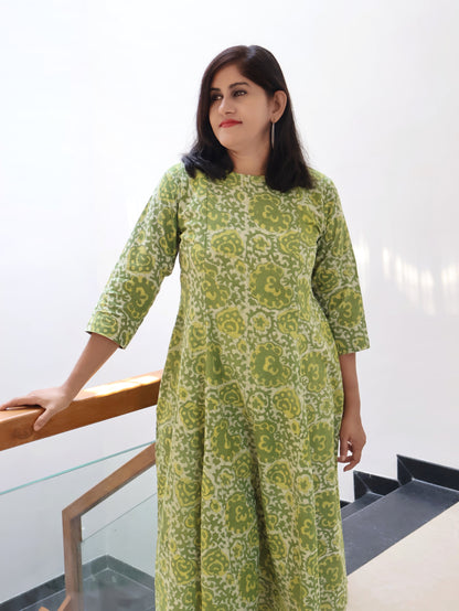 Green Meadow Batik Hand Block Paneled Long Kurta