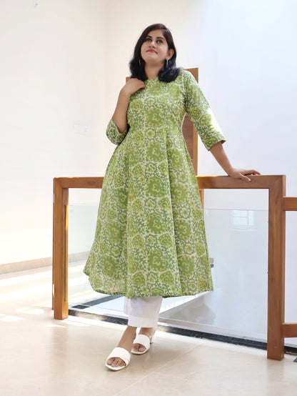 Green Meadow Batik Hand Block Paneled Long Kurta