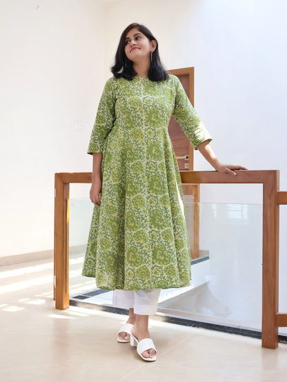 Green Meadow Batik Hand Block Paneled Long Kurta