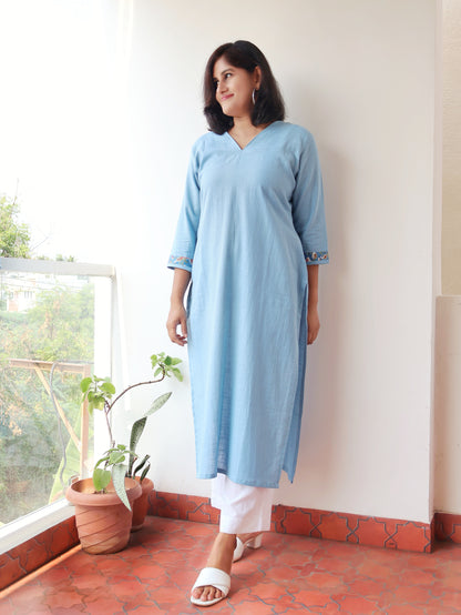 Iris Blue Solid Cotton Straight Kurta
