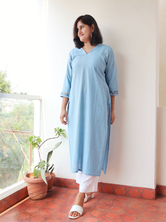 Iris Blue Solid Cotton Straight Kurta